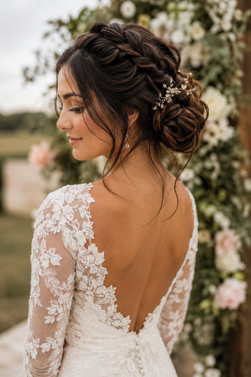 Bride with a loose, textured braided updo