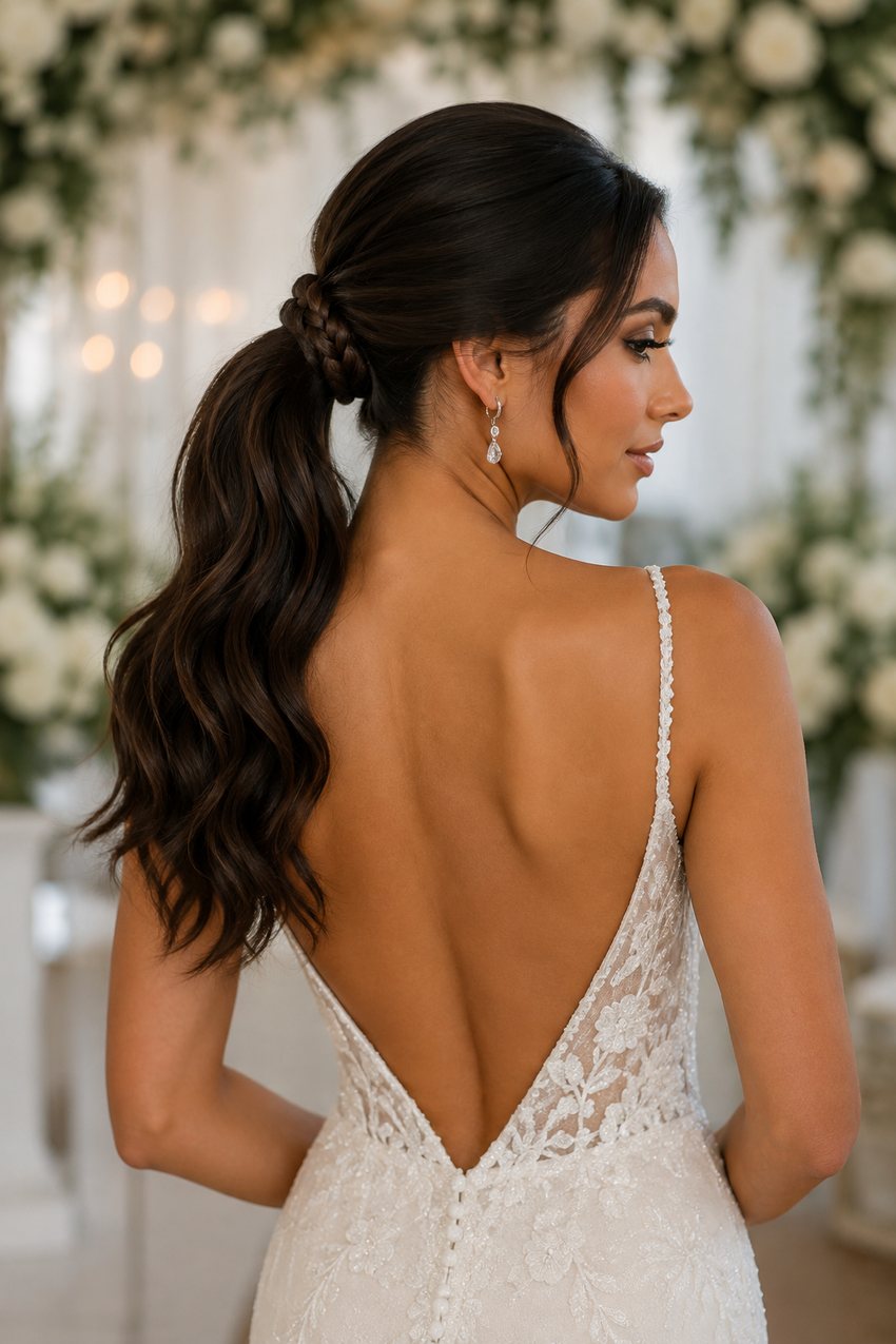 Bride with a ponytail wrapped in a thin braid