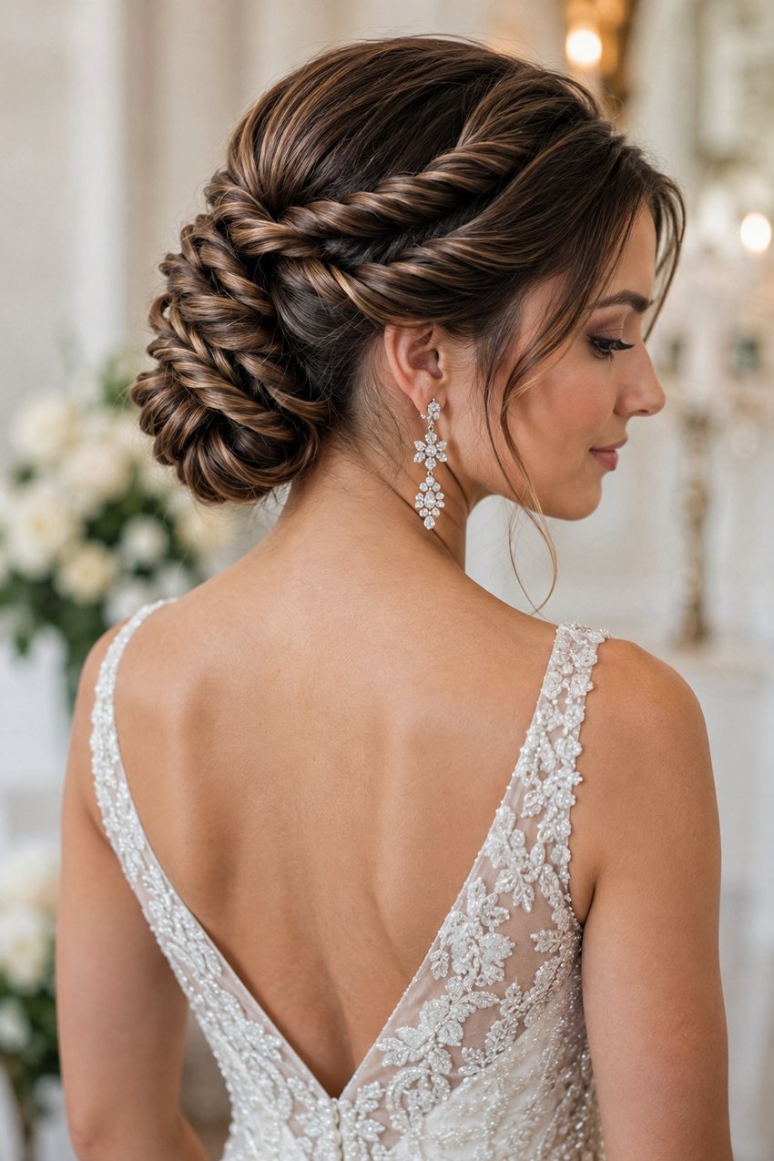 Bride with a rope braid twisted into an updo