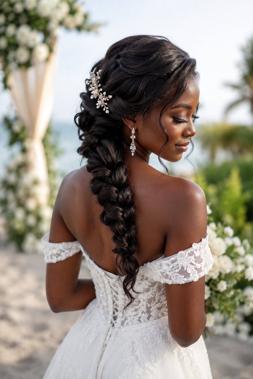 Bride with a single side braid draped over one shoulder
