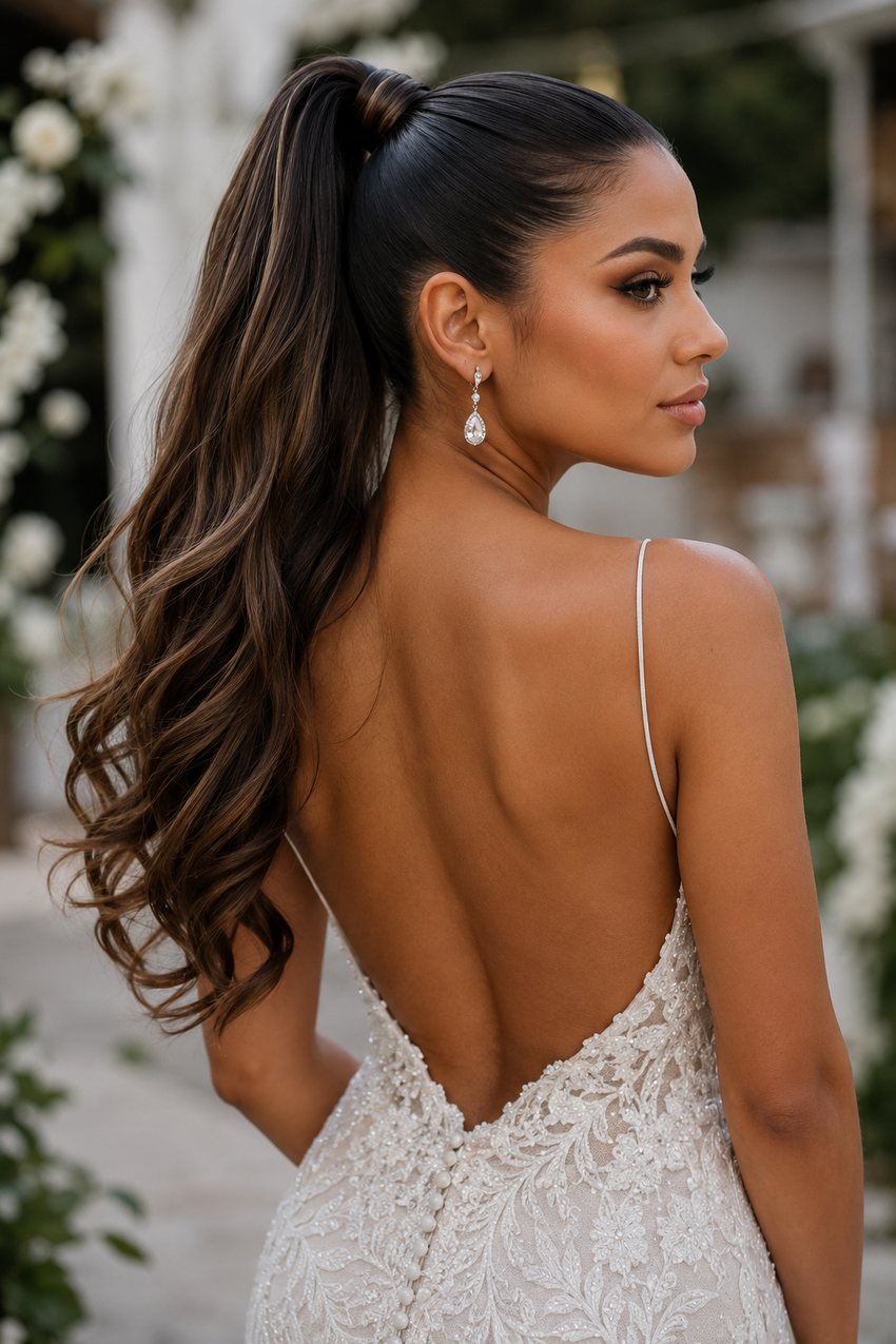 Bride with a sleek high ponytail, wrapped with a strand of hair
