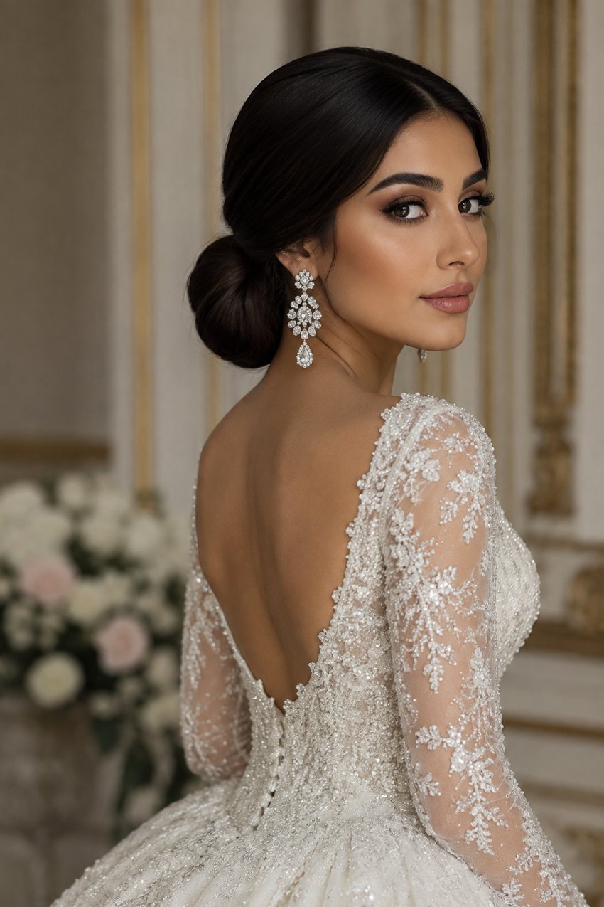 Bride with a sleek low bun at the nape of the neck