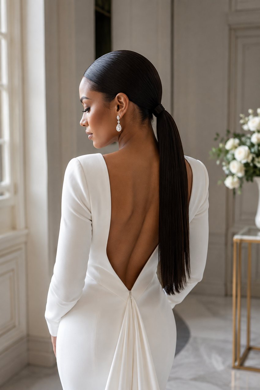 Bride with a sleek, straight low ponytail