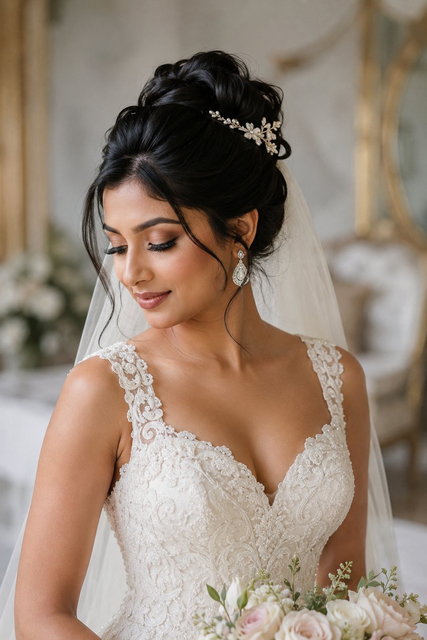 Bride with a smooth classic updo, pinned at the crown