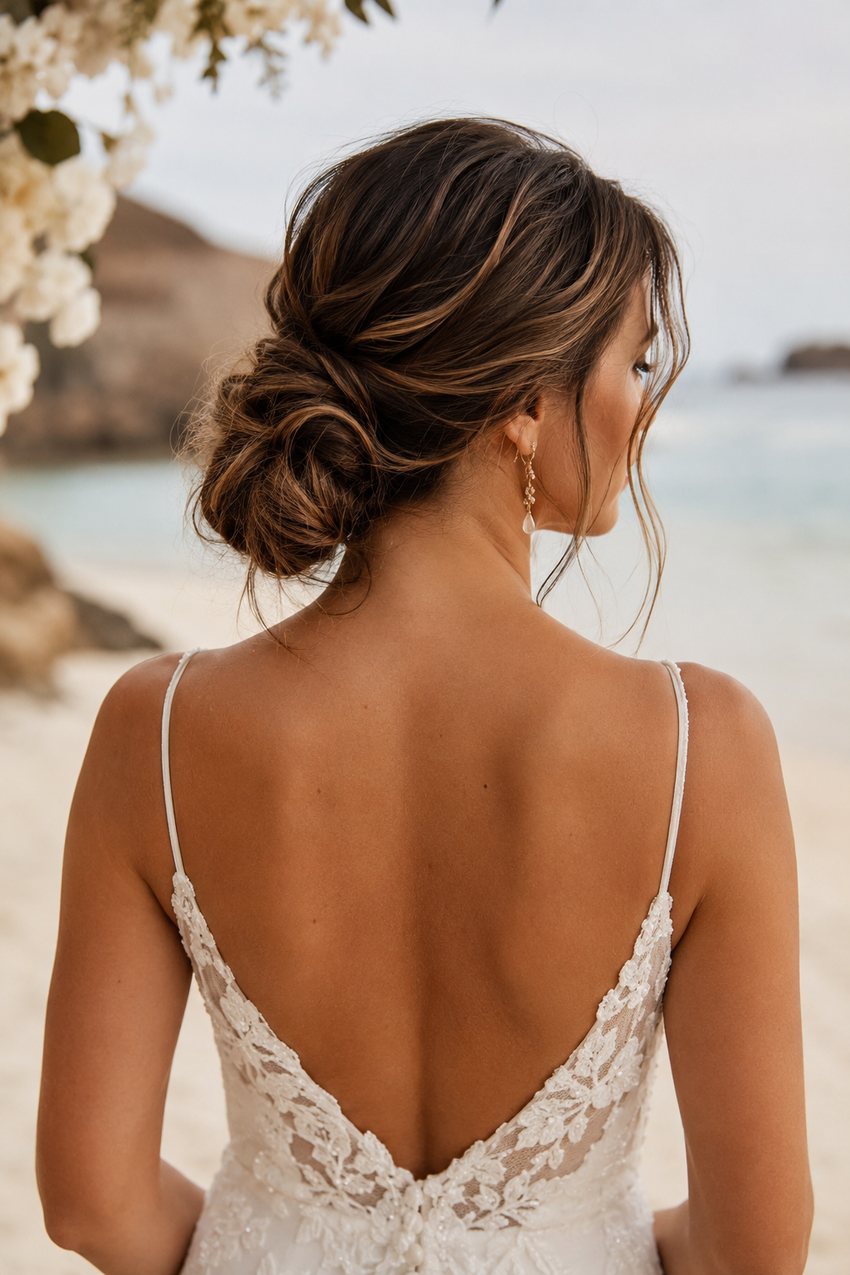 Bride with a textured, slightly undone low bun