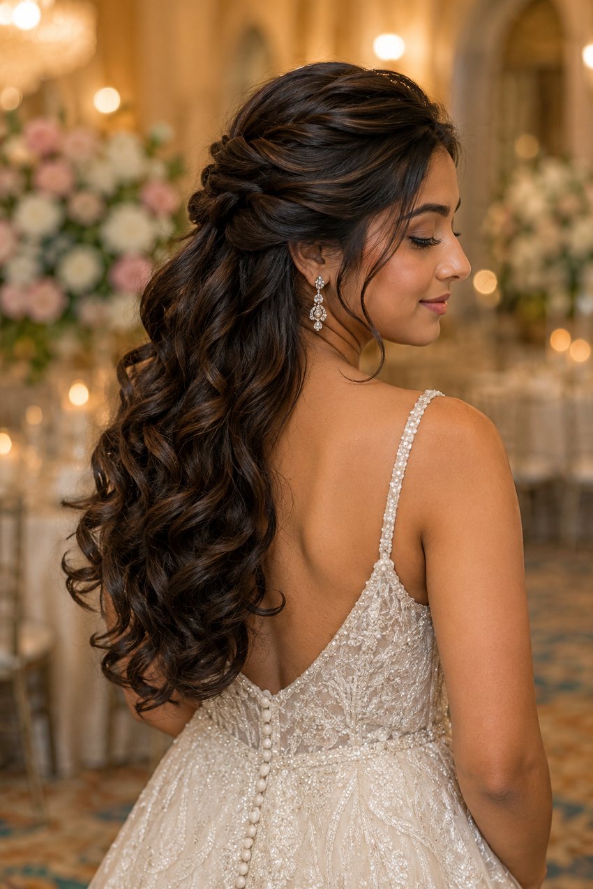 Bride with a twisted half-up style and soft curls below