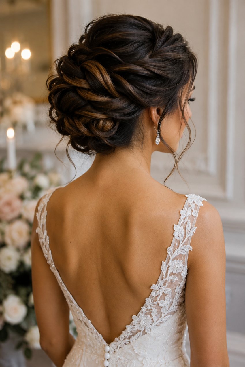 Bride with a twisted updo secured with pins