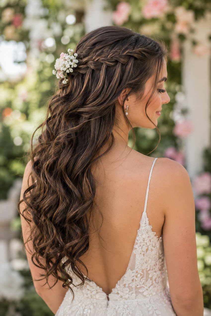 Bride with a waterfall braid cascading through loose curls