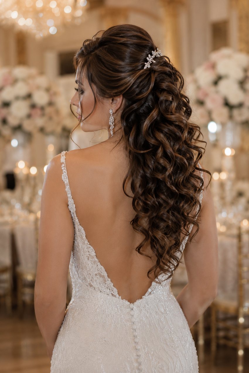 Bride with an updo featuring cascading curls at the back