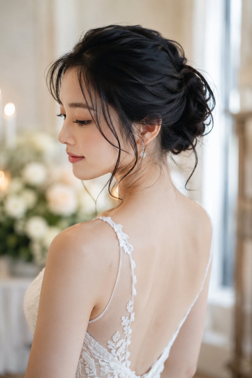 Bride with an updo featuring soft loose tendrils around the face