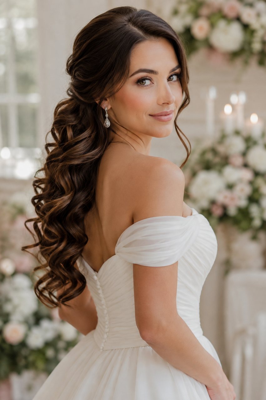 Bride with curls swept over one shoulder