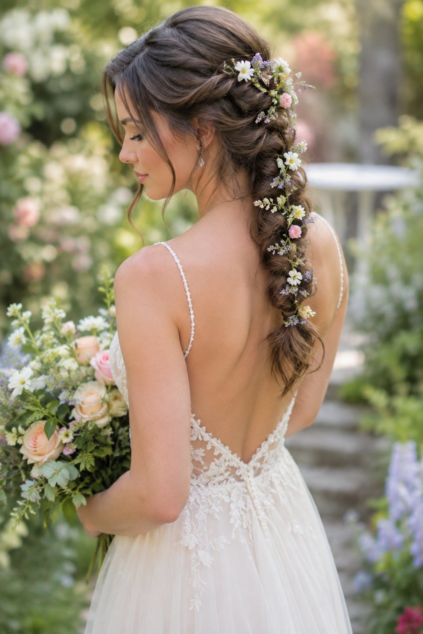 Bride with fresh flowers woven into a braided style