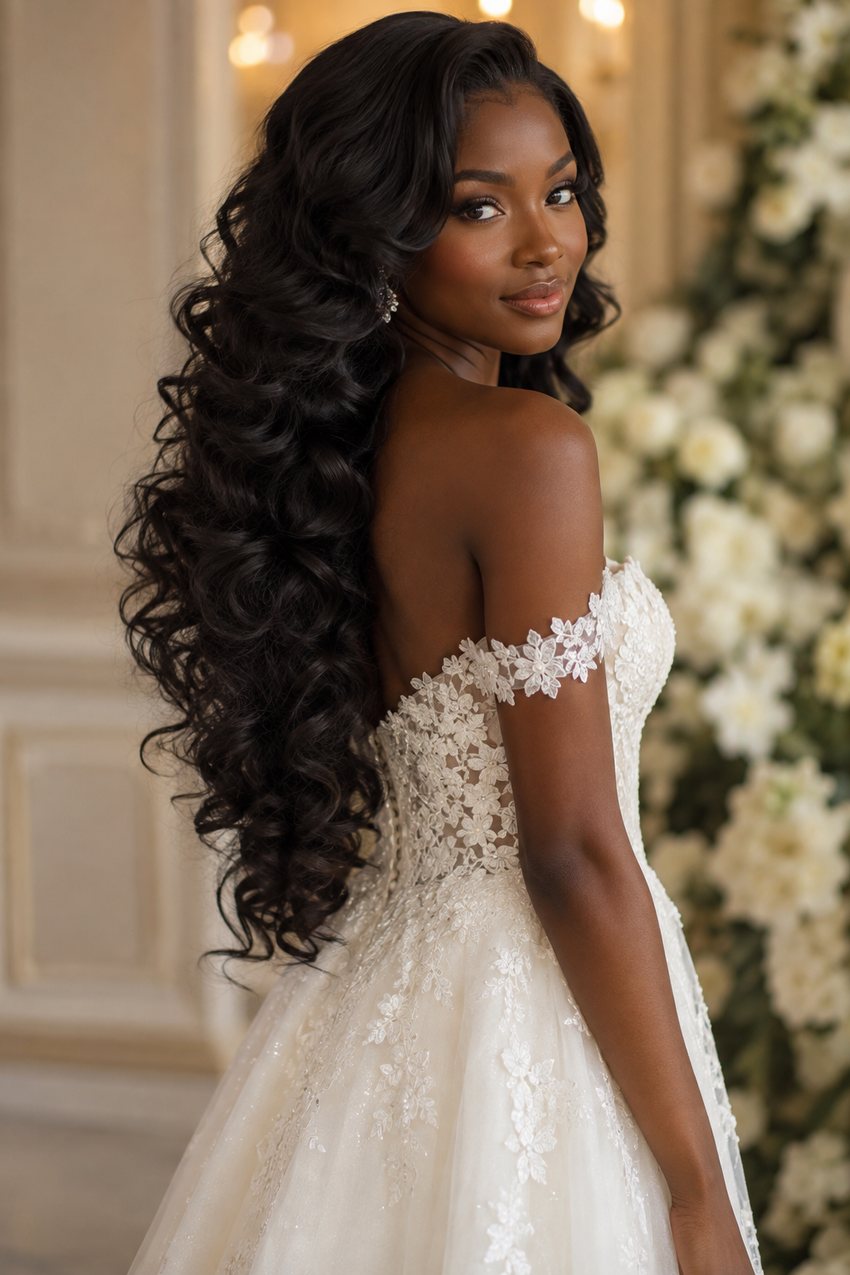 Bride with full romantic curls left completely down