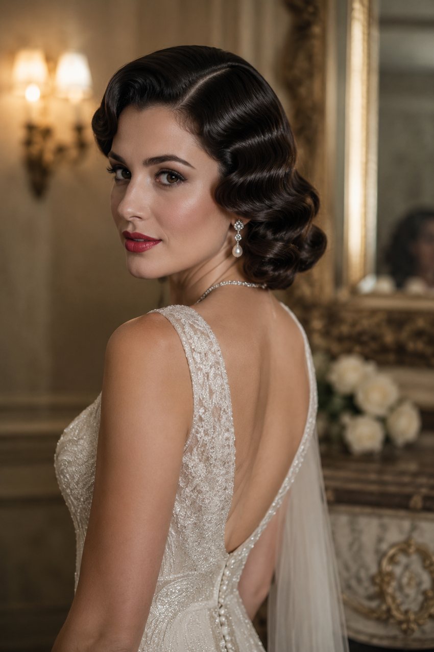 Bride with glamorous vintage-style finger waves