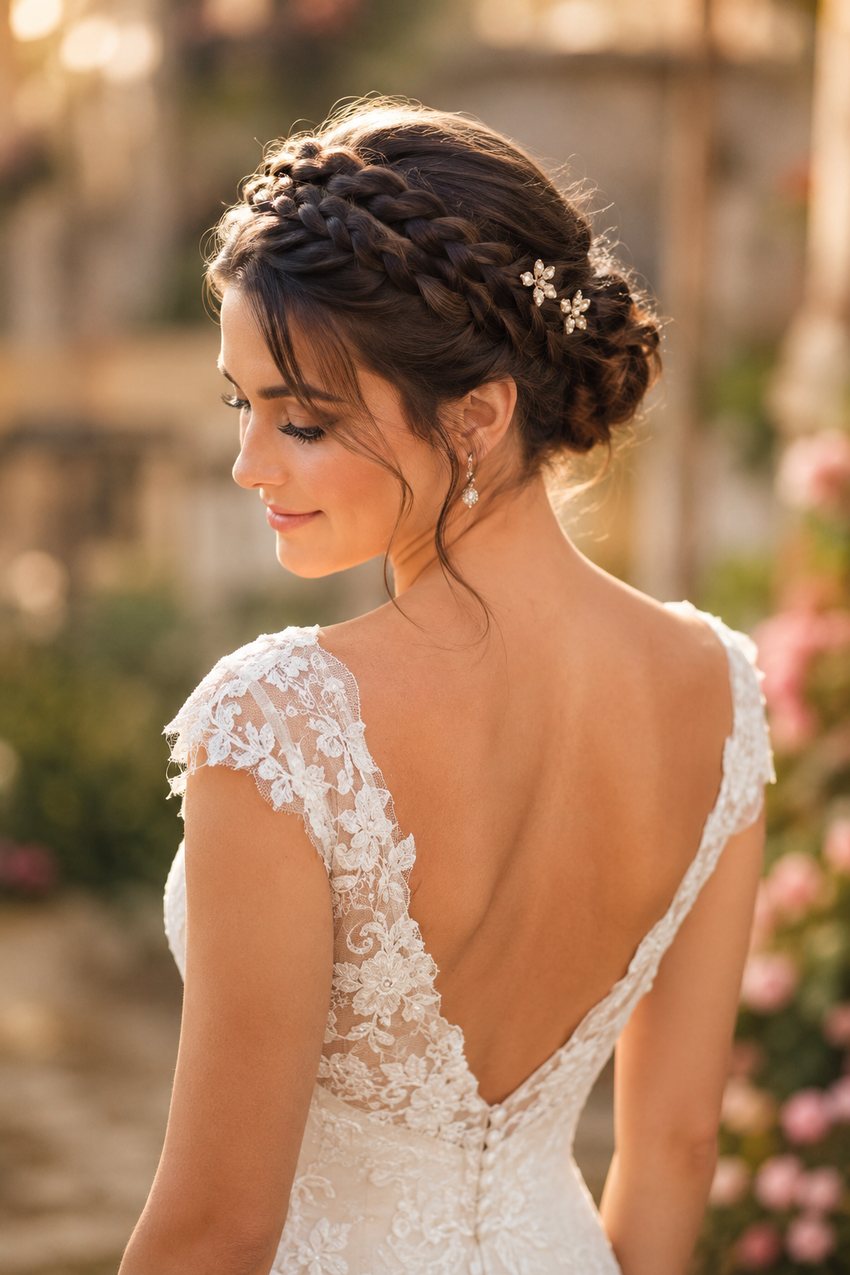 Bride with milkmaid braids wrapped across the crown