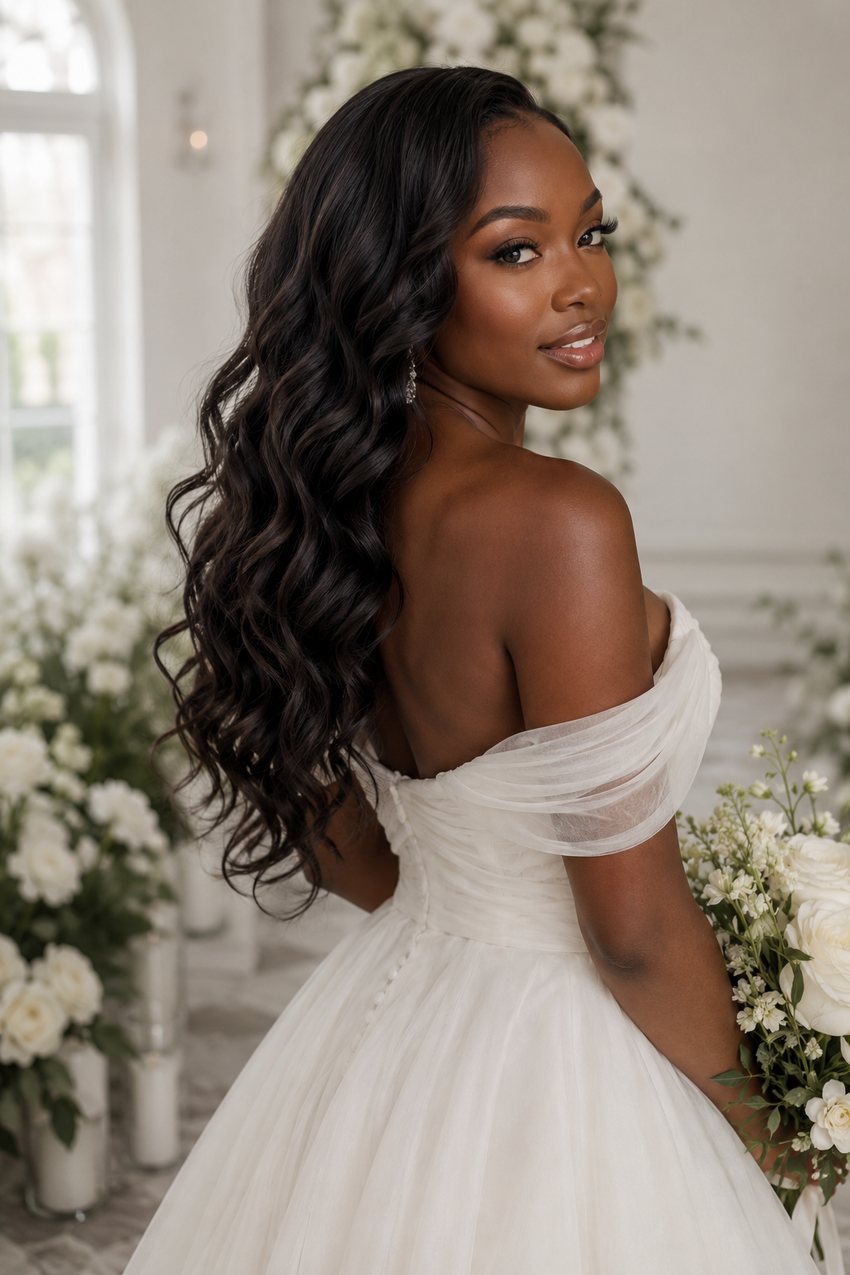Bride with soft, loose waves cascading down her back