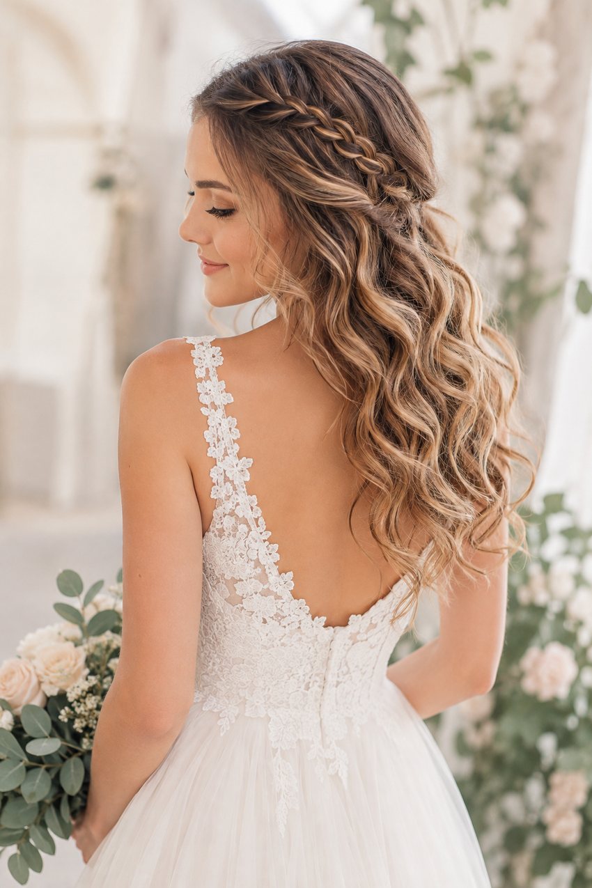 Bride with soft waves and a thin accent braid at the front
