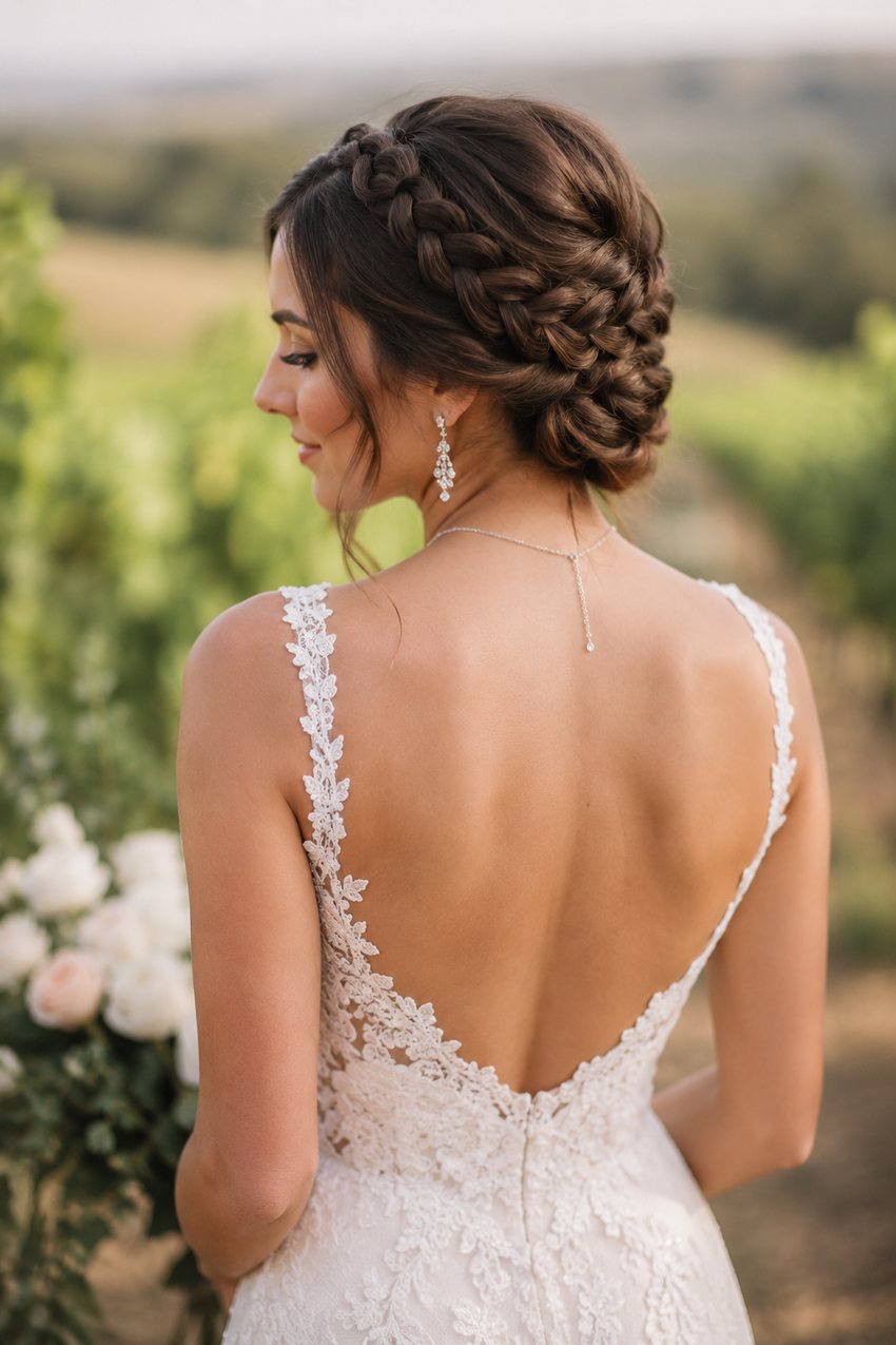 Bride with two braids crossed and pinned at the back