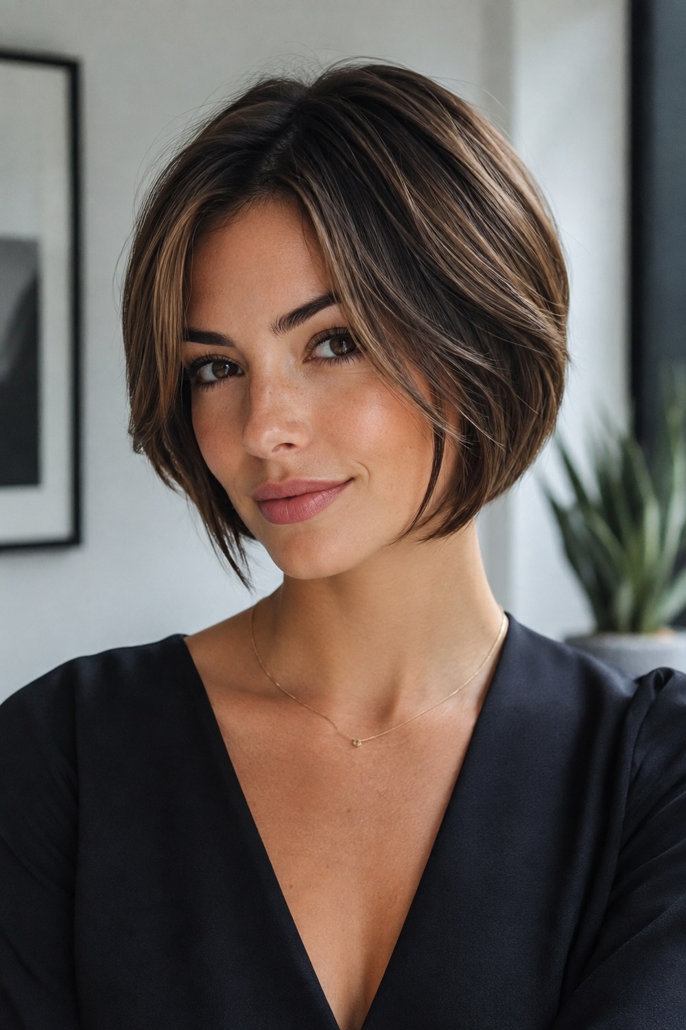 Chin-length layered pixie bob with center-parted face-framing pieces, a balanced option for an oval face.