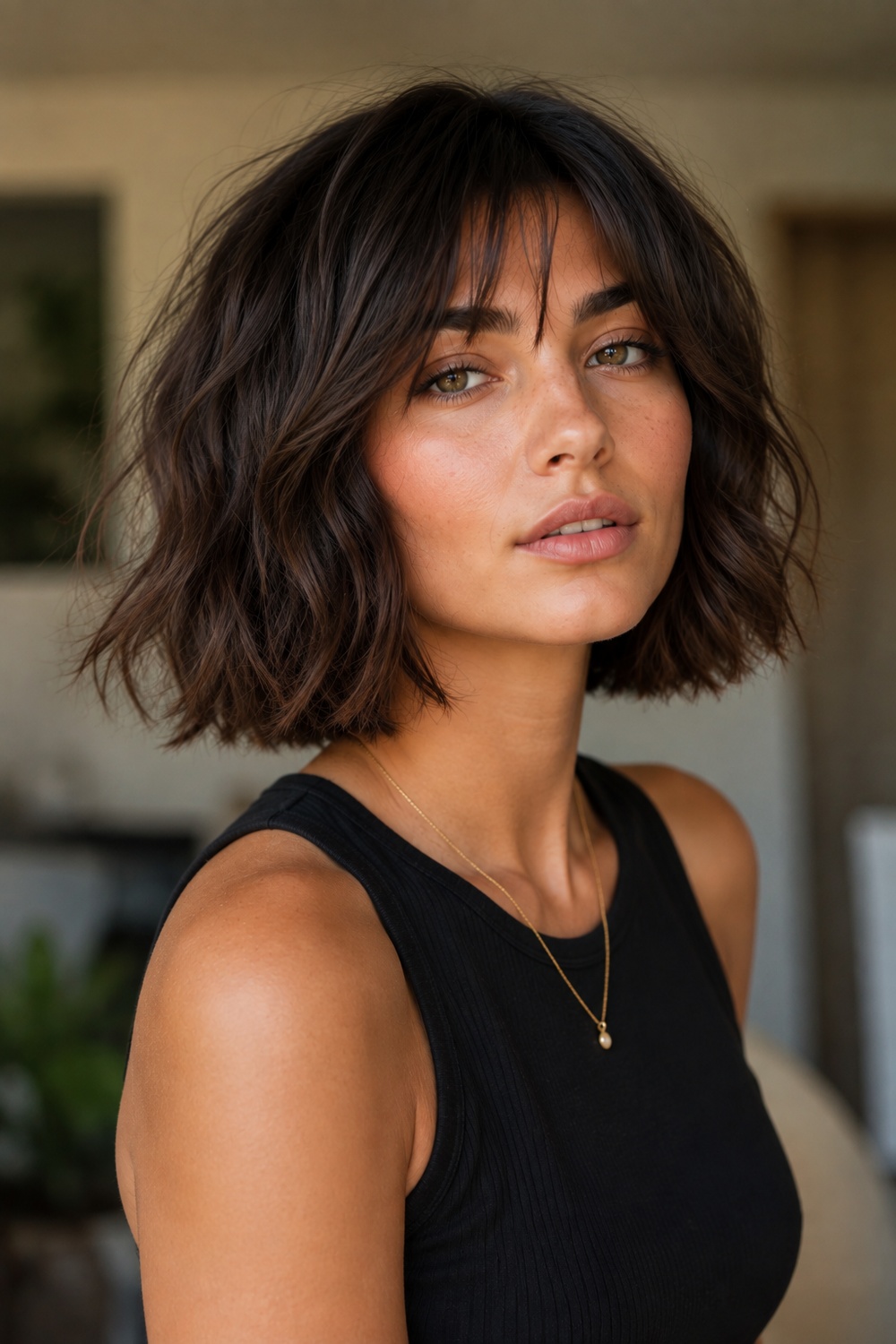 Chocolate brown Italian bob with warm rich depth and soft movement that catches the light.