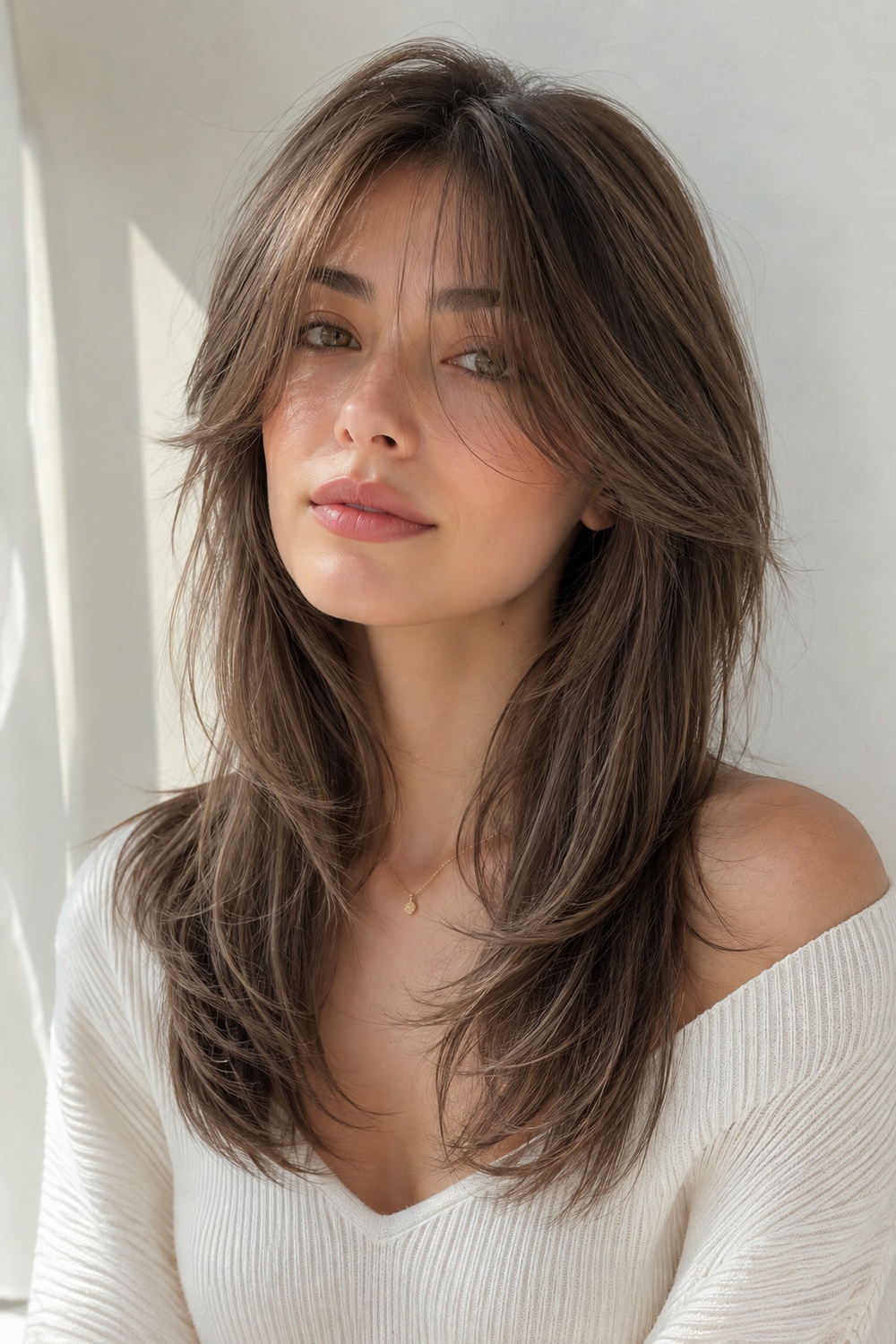 Chocolate brunette long layered hair with curtain bangs.