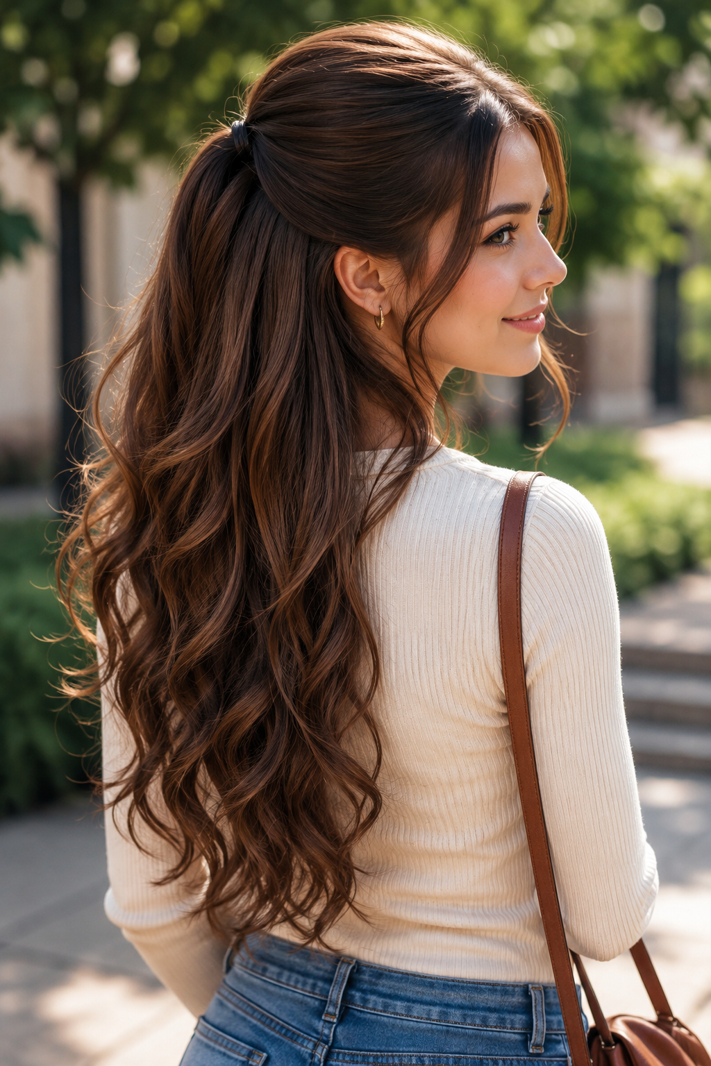 Classic half-up ponytail with a smooth crown section and long curls flowing down the back.
