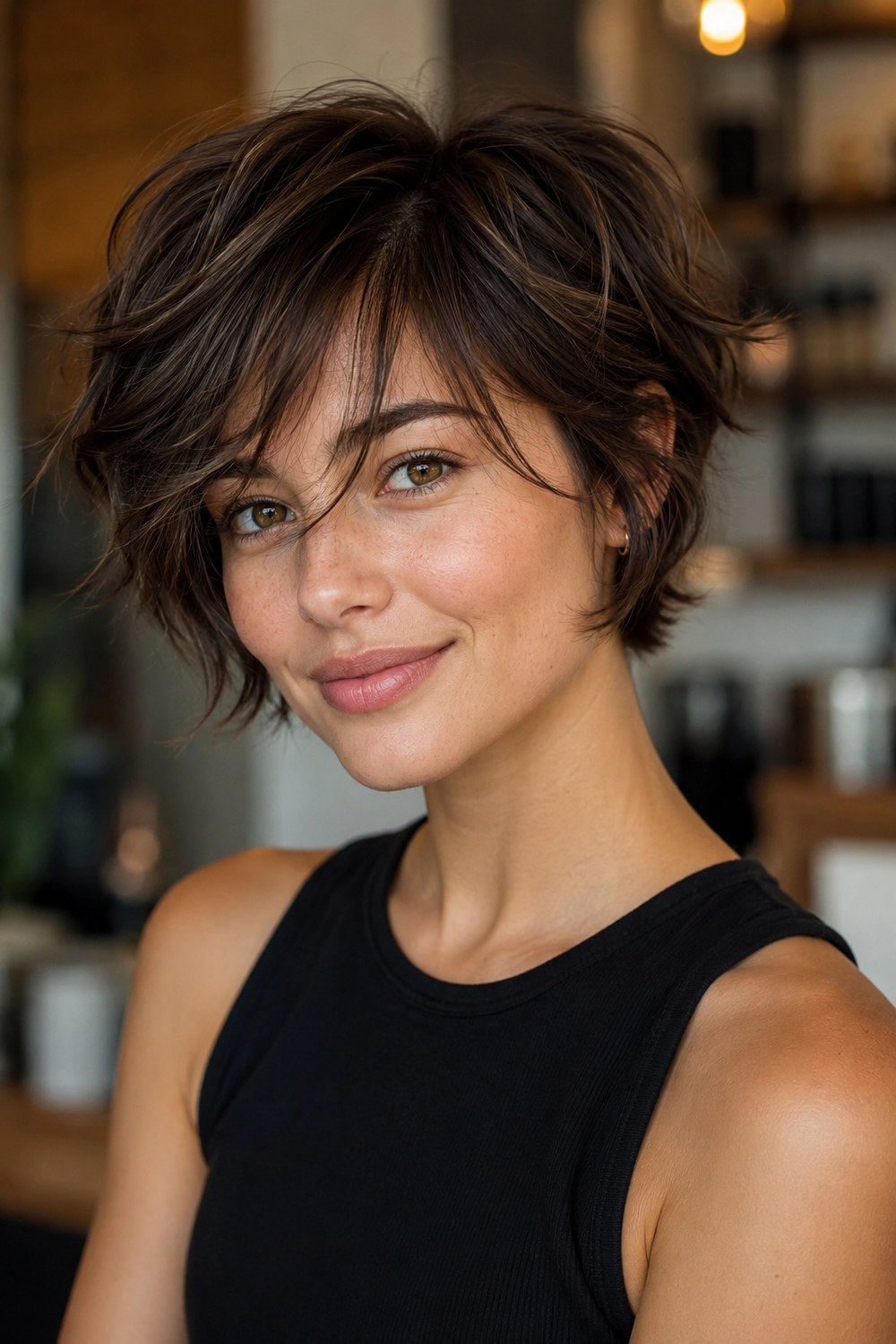 Classic tapered brunette pixie bob with a longer crown, softly swept fringe, and a neat shortened nape.