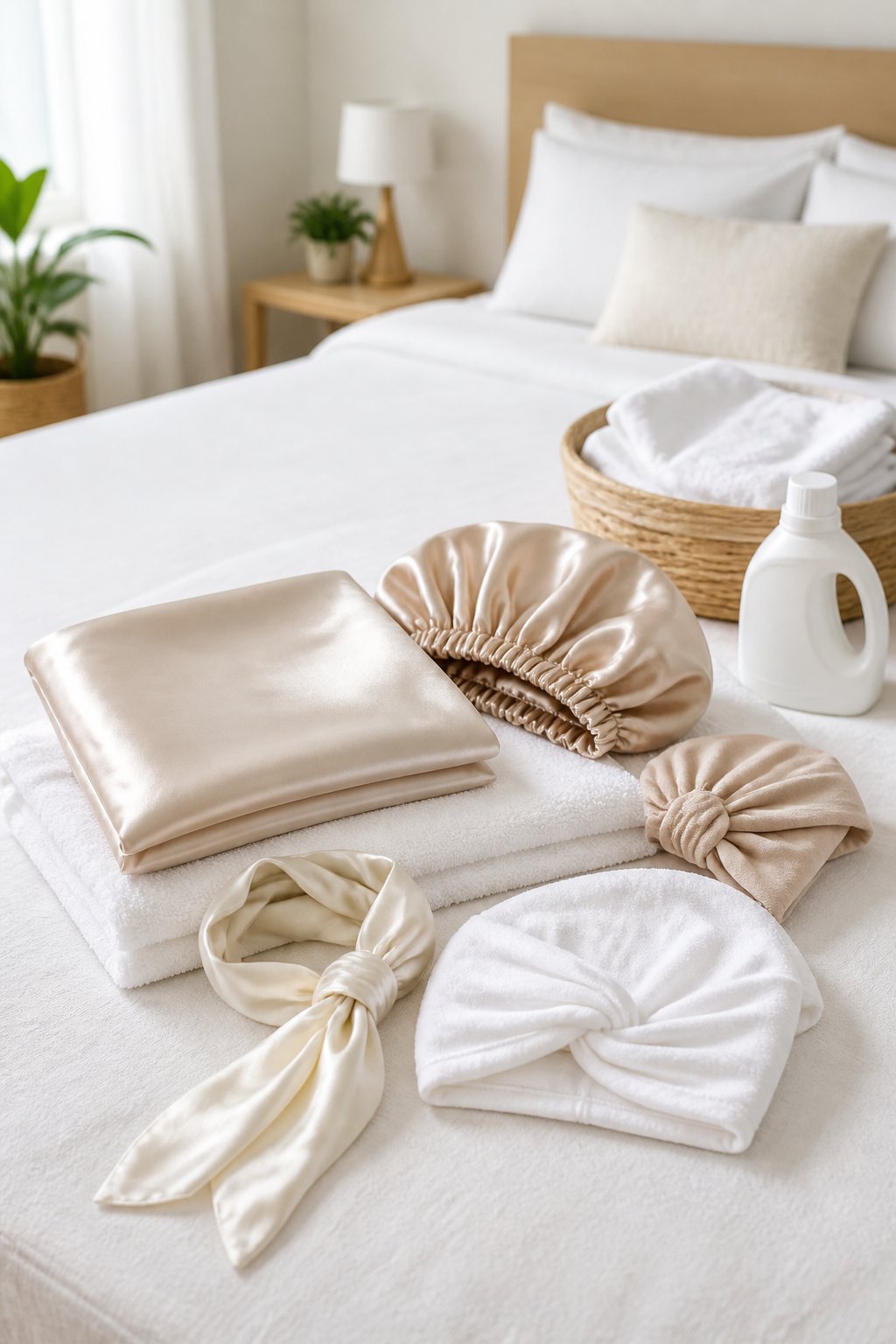 Clean pillowcase, bonnet, scarf, and hair accessories arranged for regular washing.