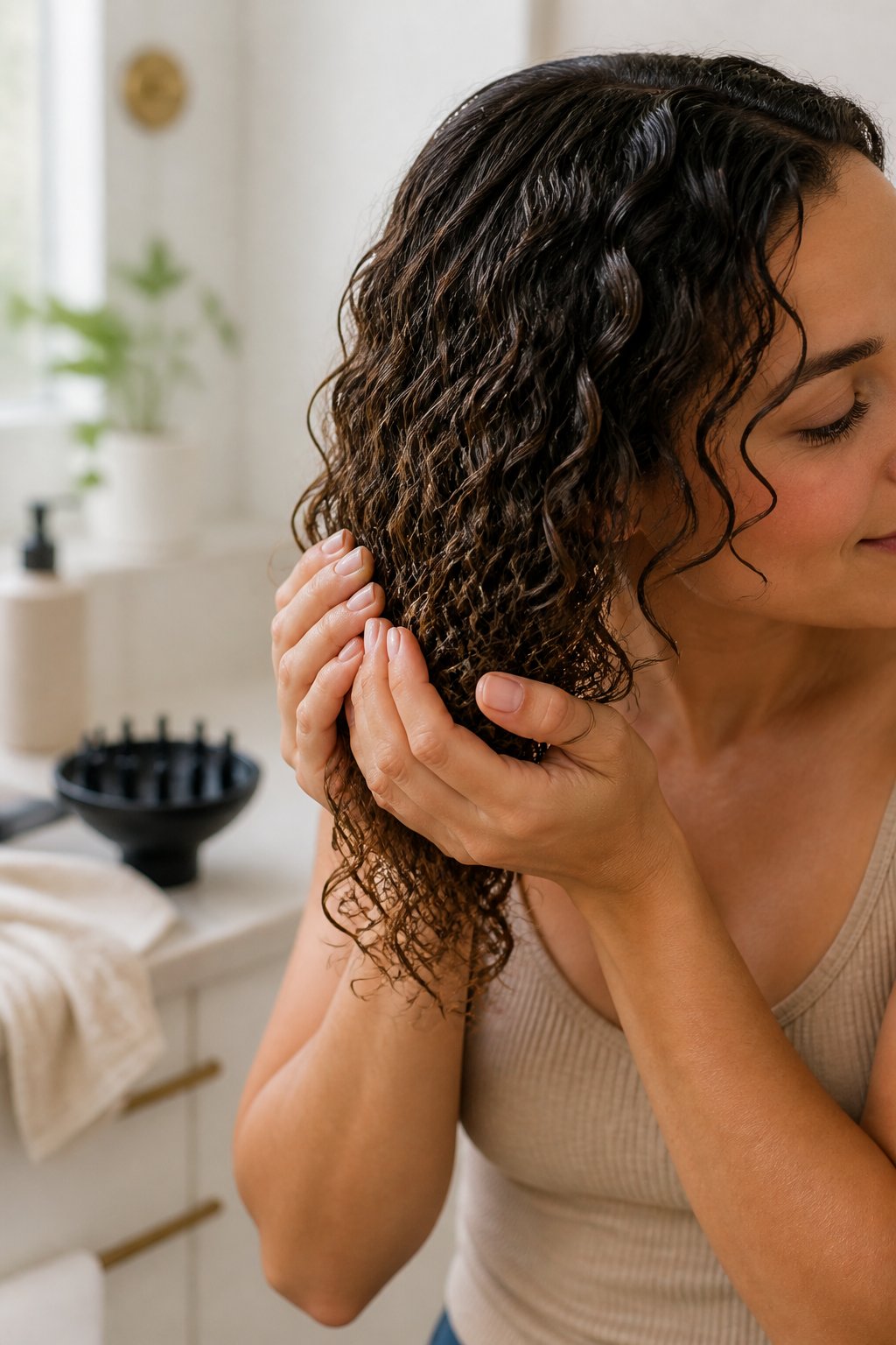Close-up of a woman gently scrunching damp curls upward without disrupting their pattern.
