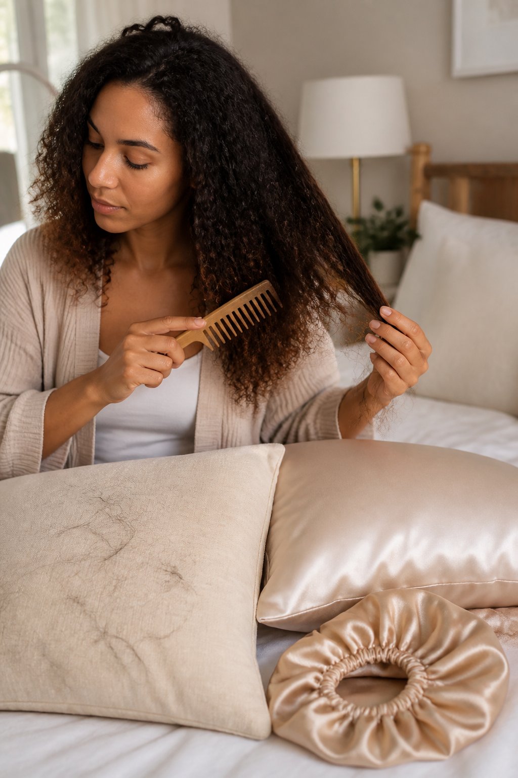 Close view of tangled hair and pillow friction illustrating cuticle wear and breakage.