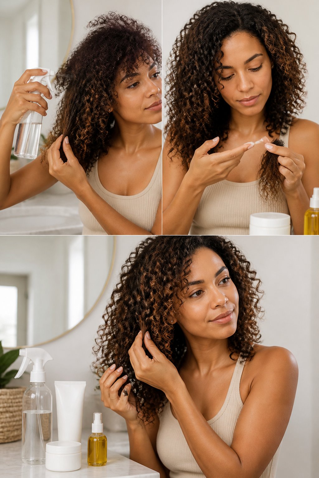 Collage showing a woman refreshing flattened curls with water spray, leave-in conditioner, and gentle scrunching.