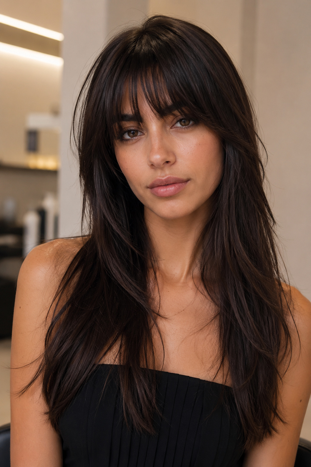 Colombian-inspired woman with wavy layered hair and long face-framing bangs.