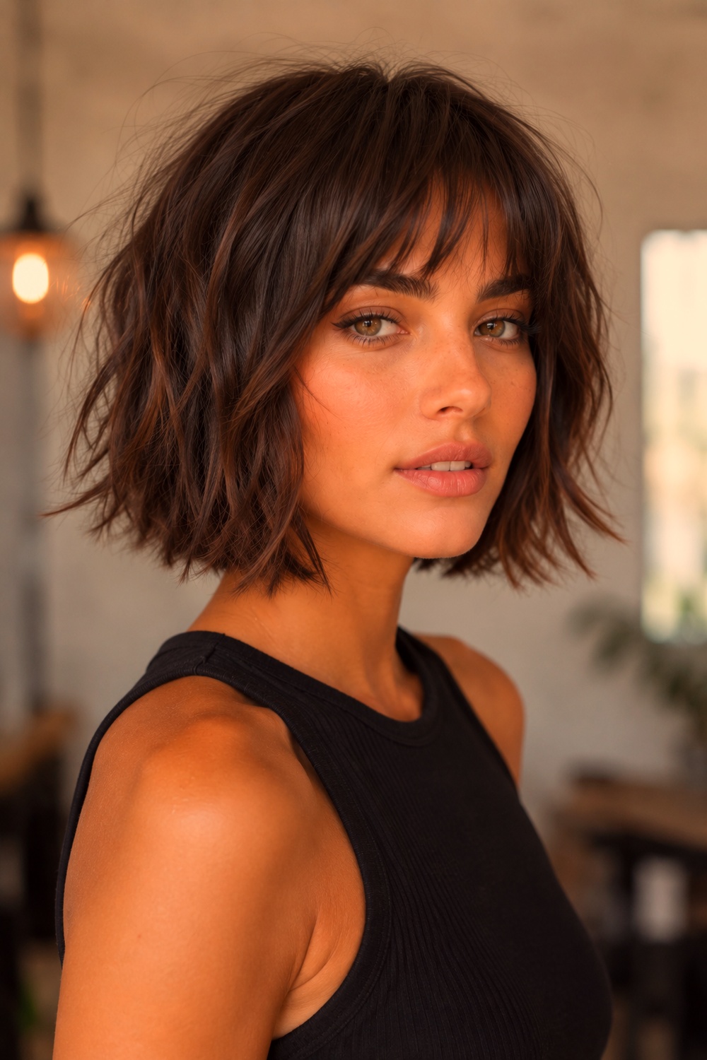 Copper-toned Italian bob with warm color and softly layered movement.
