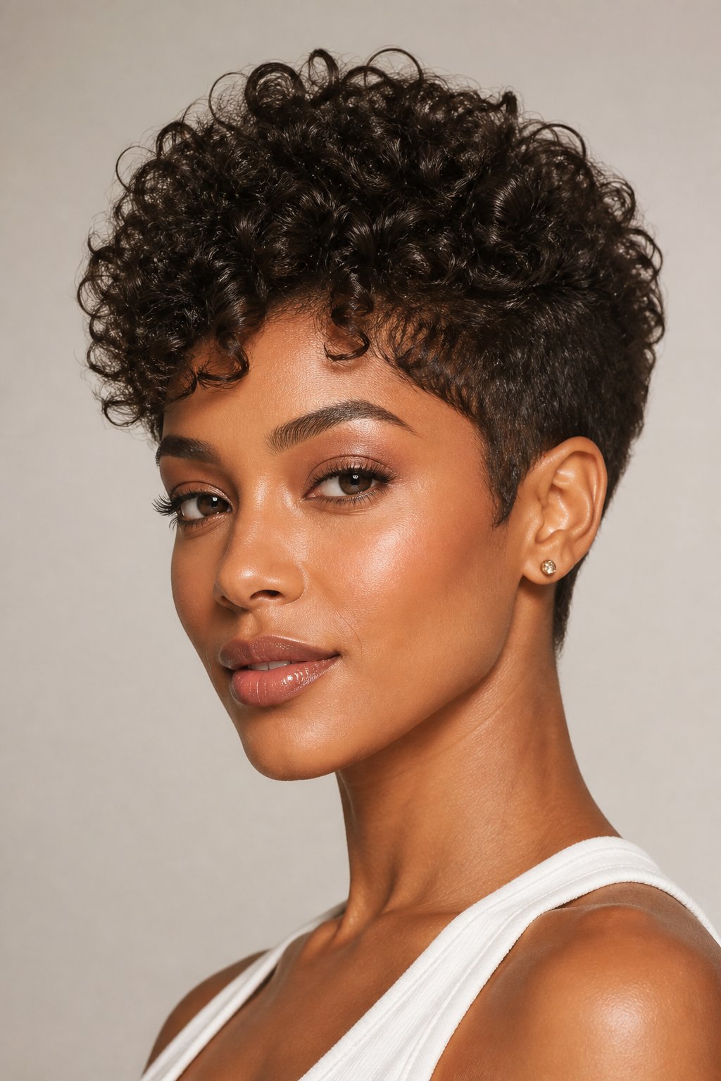 Curly baddie pixie haircut with defined natural curls and soft volume concentrated at the crown.