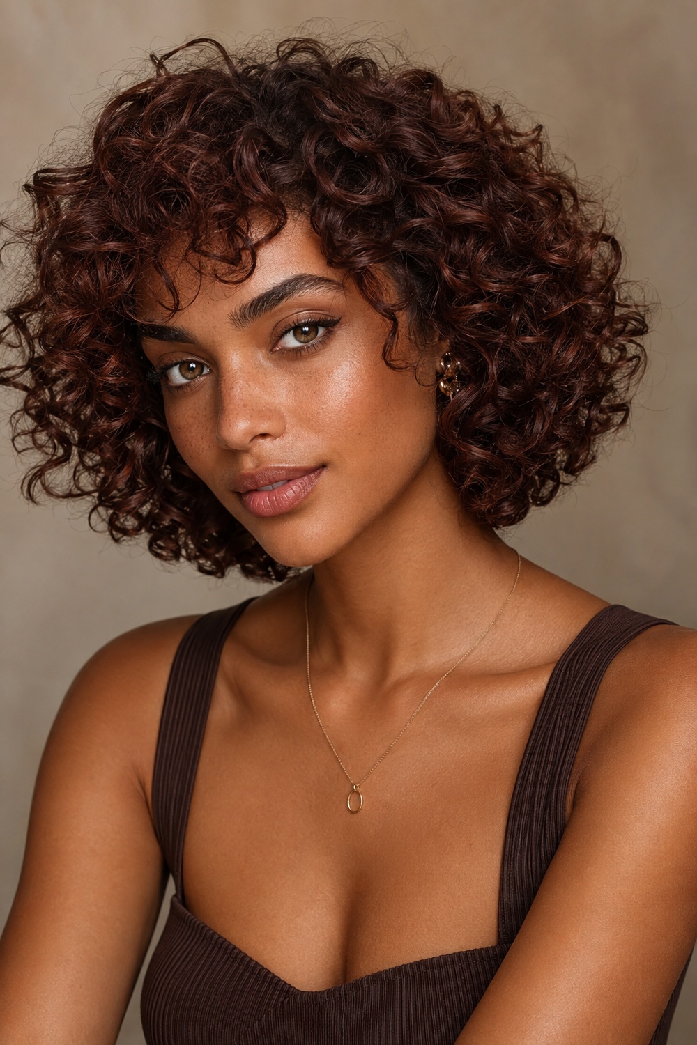 Curly Italian bob with defined curls, balanced volume, and a full rounded silhouette.