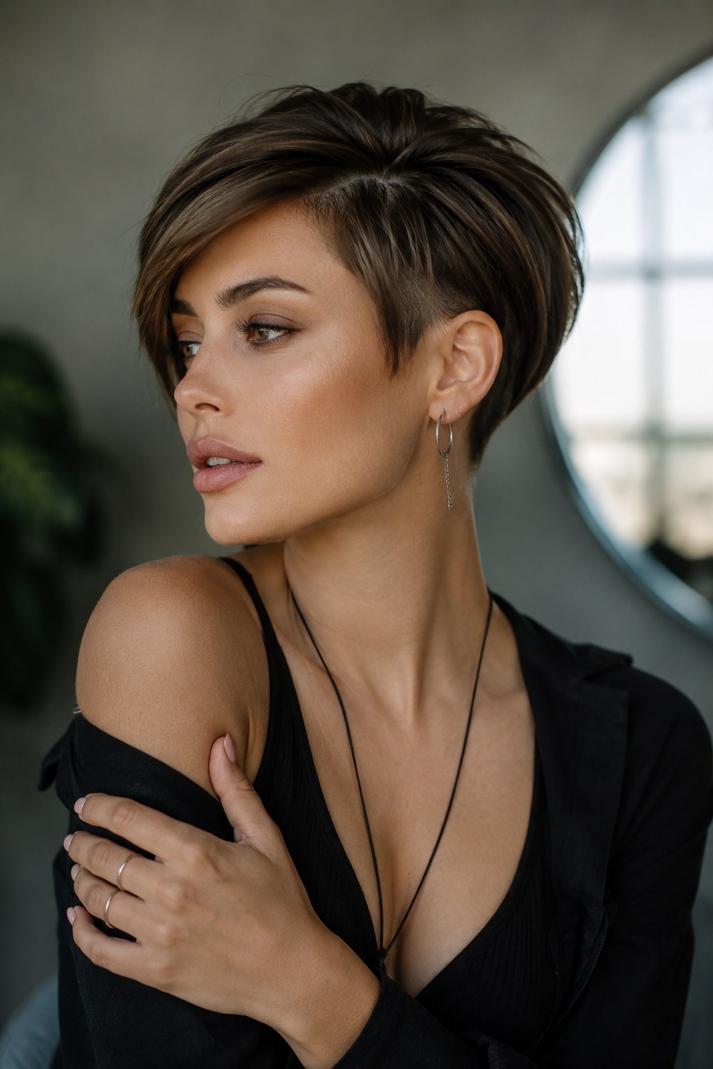 Dark undercut pixie bob with a short shaved side, longer textured top, and side-swept styling.