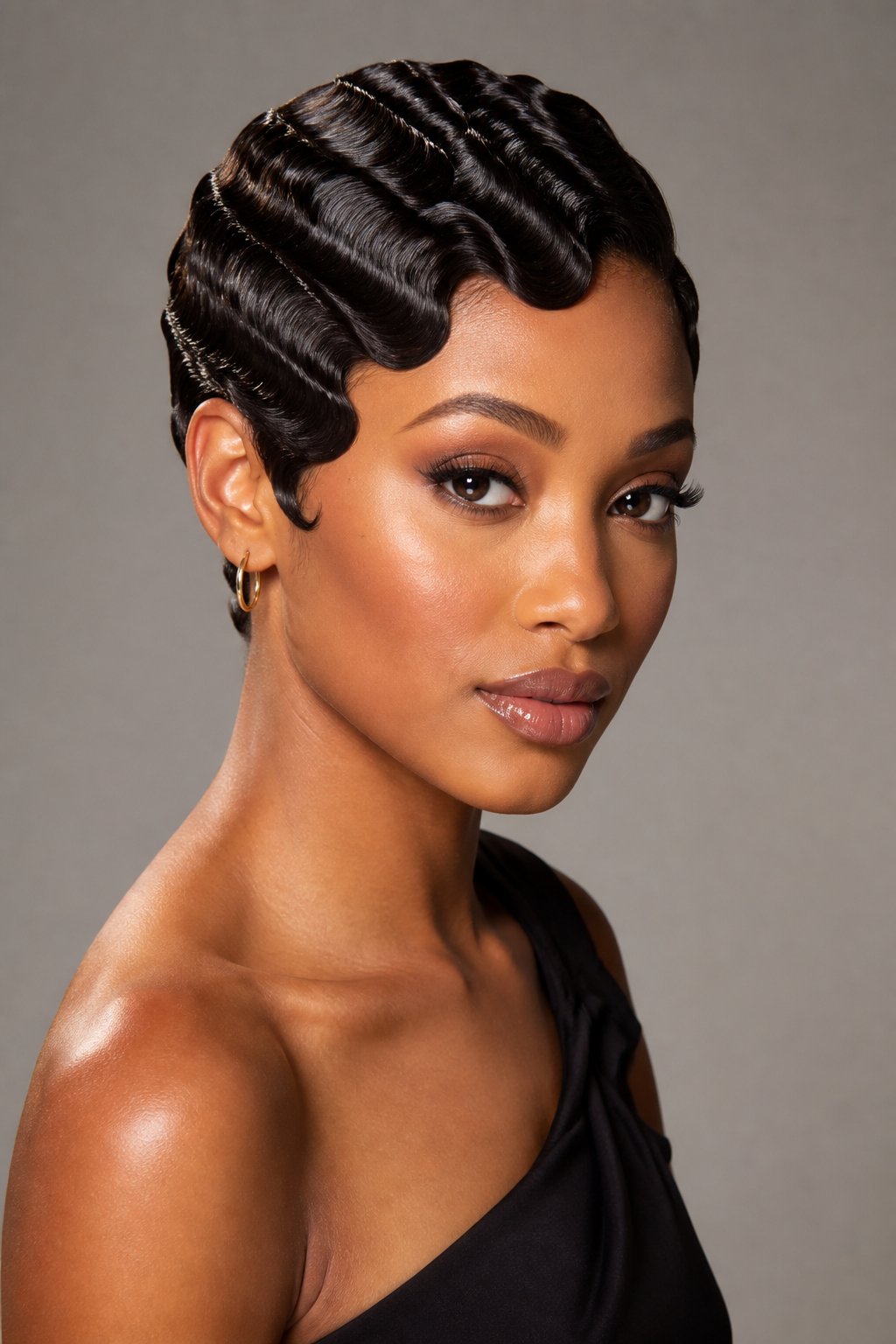 Deep-wave pixie haircut with pronounced sculpted S-curves close to the scalp for a glamorous polished look.
