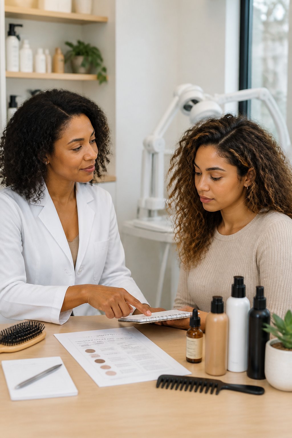 Dermatologist or curl specialist consulting with a woman about persistent scalp and curl concerns.