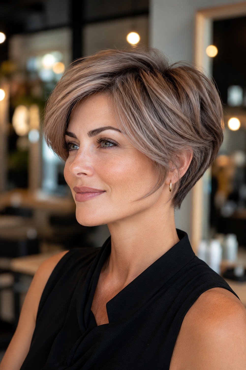 Ear-length silver pixie bob with a side-swept fringe and neatly tapered sides that keep the neckline exposed.