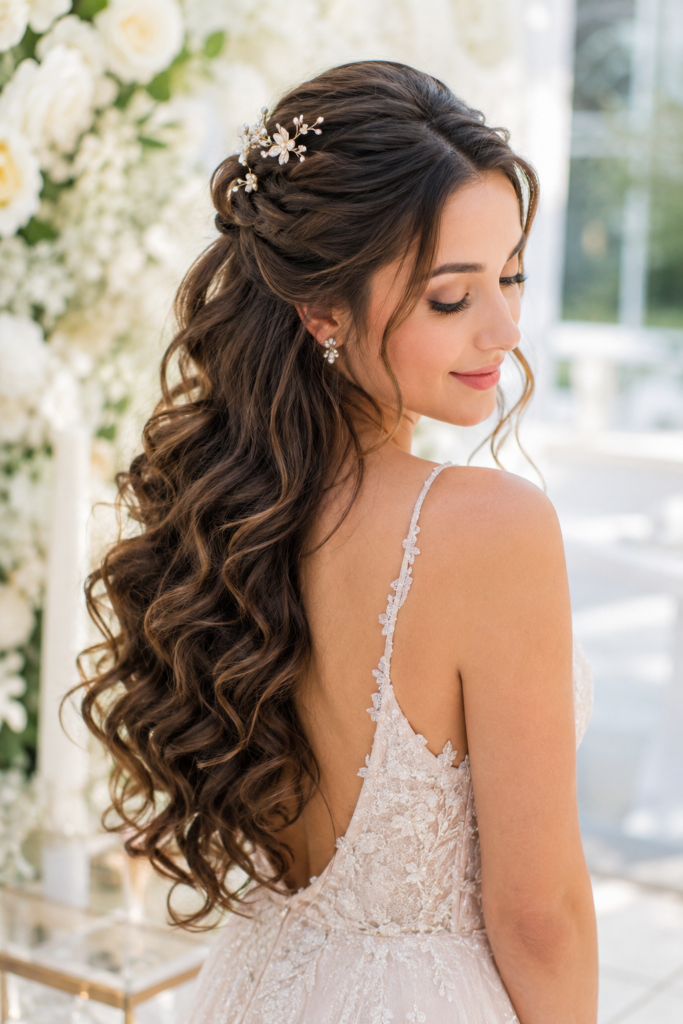 Bridal half-up hairstyle with pinned curls, delicate accessories, and cascading waves.