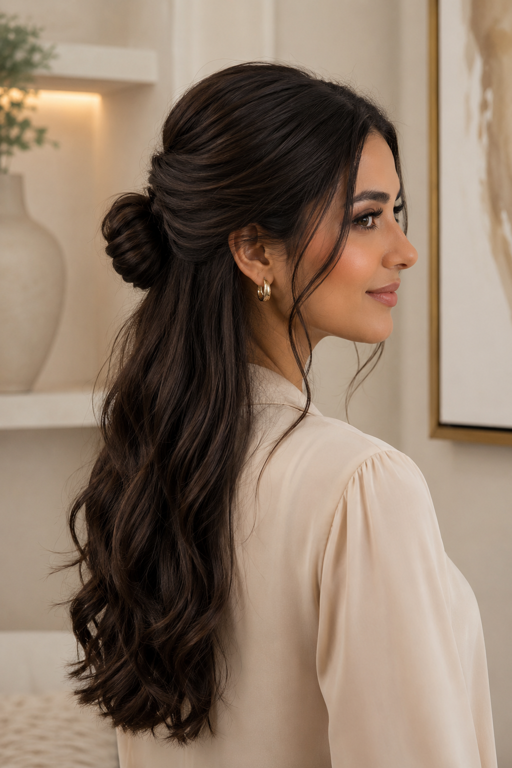 Elegant half-up hairstyle decorated with pearl pins and polished curls.