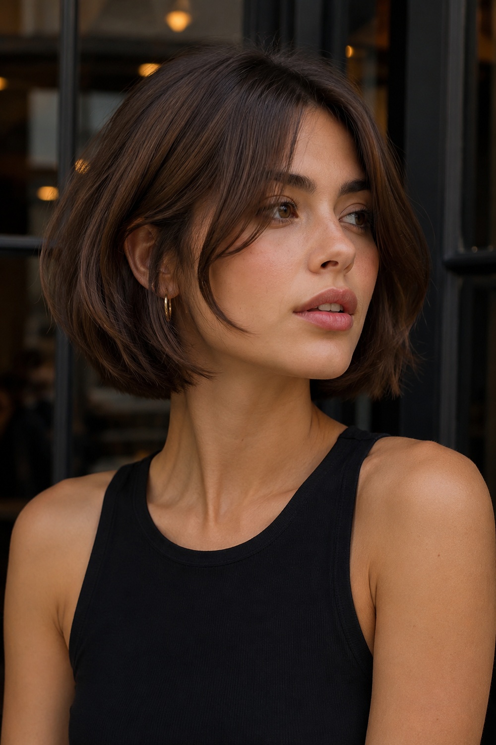 Espresso Italian bob with deep brown color, smooth texture, and a strong sophisticated outline.