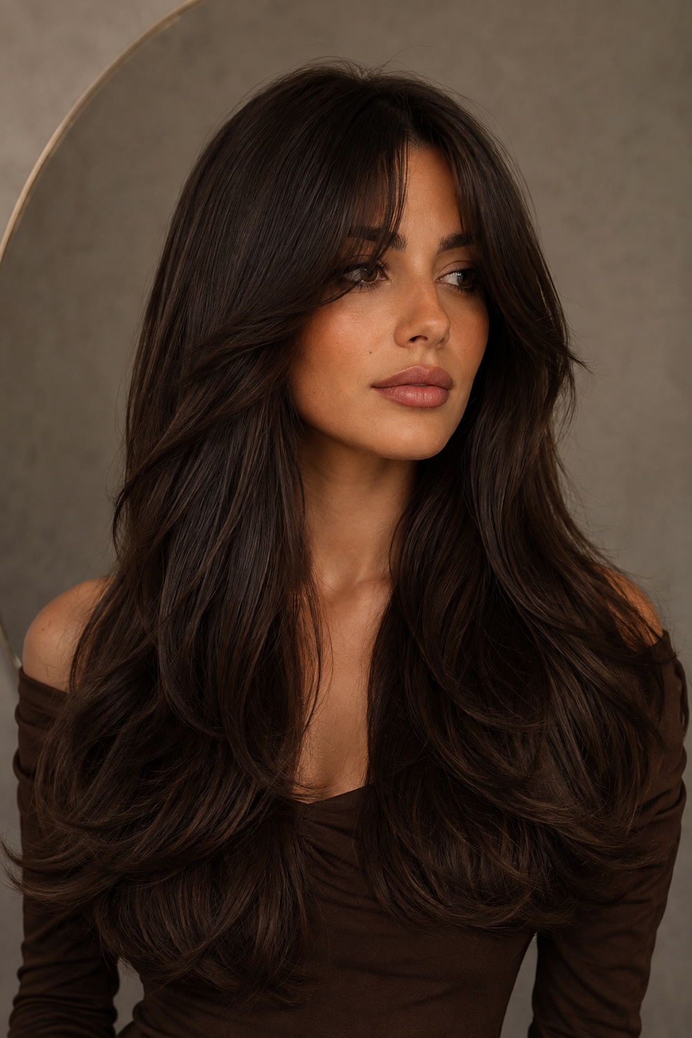 Feathered long layers with soft curtain bangs.