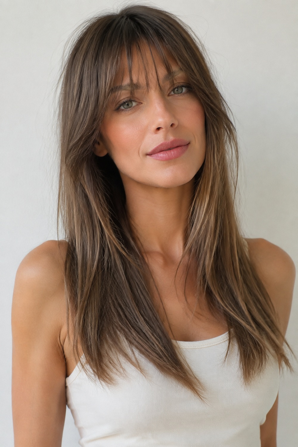 Fine long ash-brown hair with lightweight wispy bangs, subtle face-framing layers, and a full-looking perimeter.