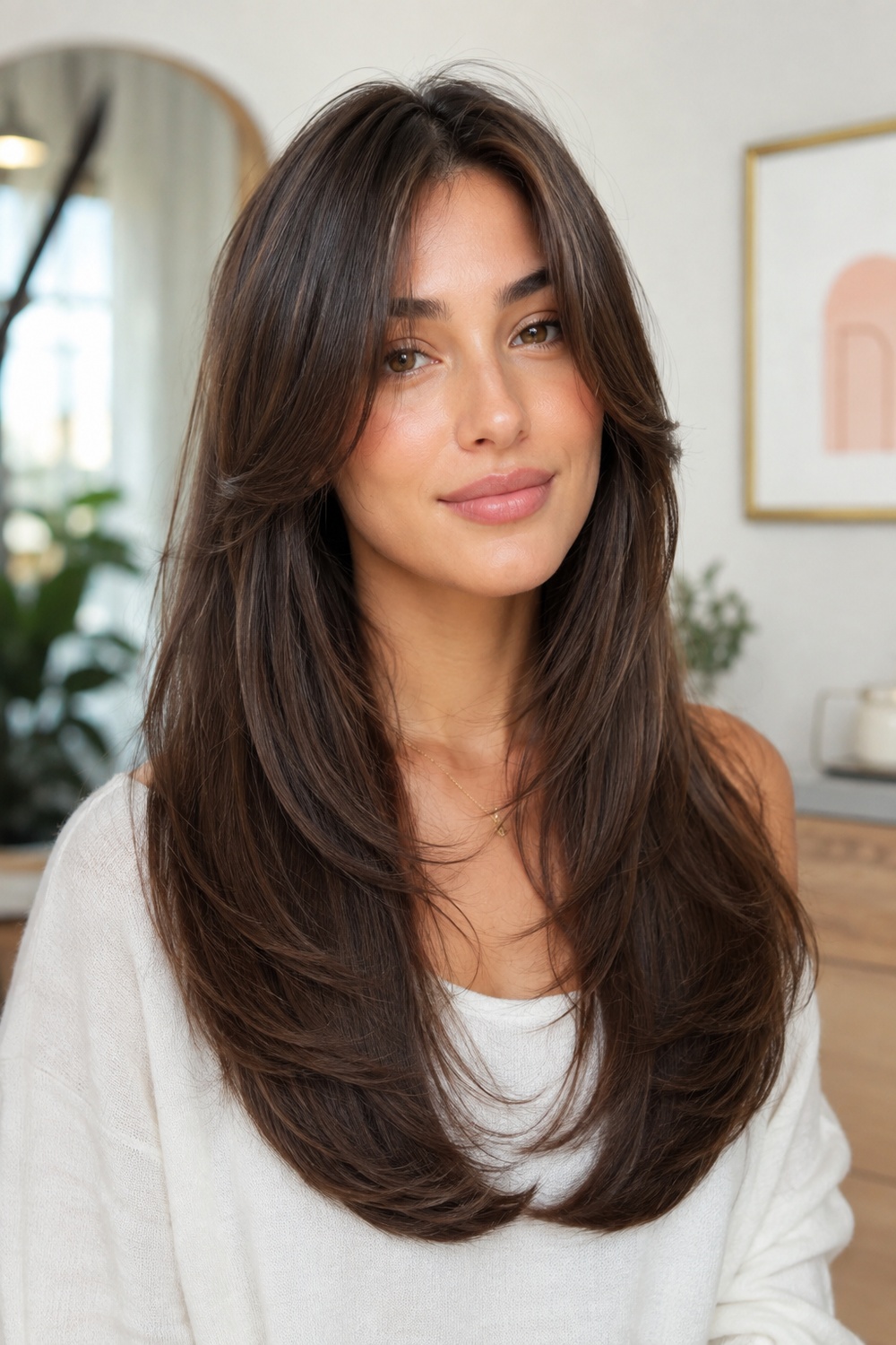 Fine long hair with wispy curtain bangs and soft layers.