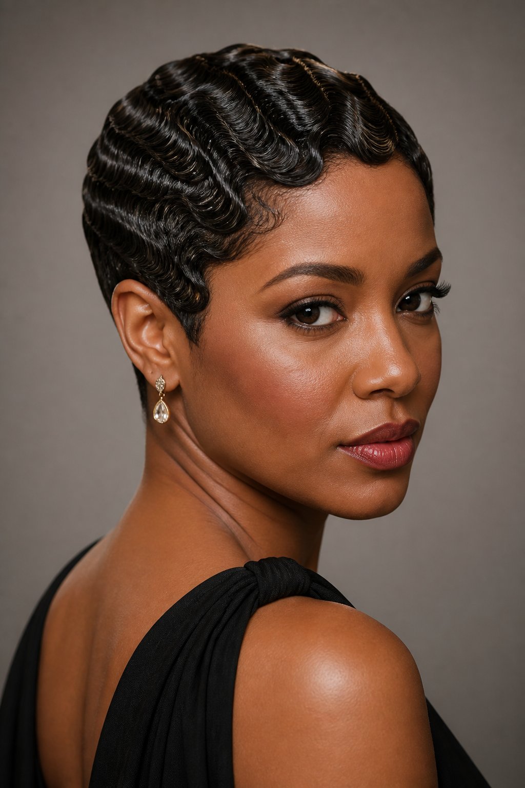 Finger-wave pixie haircut with sculpted S-shaped waves close to the scalp for a retro glam look.