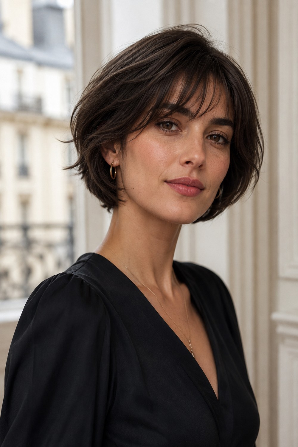 French-inspired short bob with wispy fringe and soft layers that help soften angular facial features.