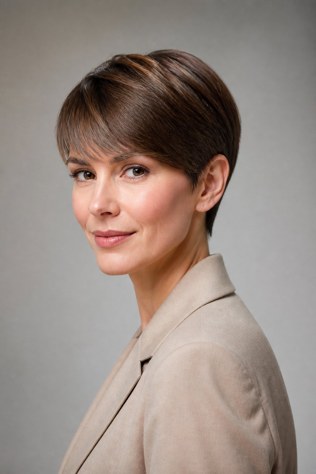 Glossy classic pixie haircut with clean neat layers and a smooth reflective polished finish.