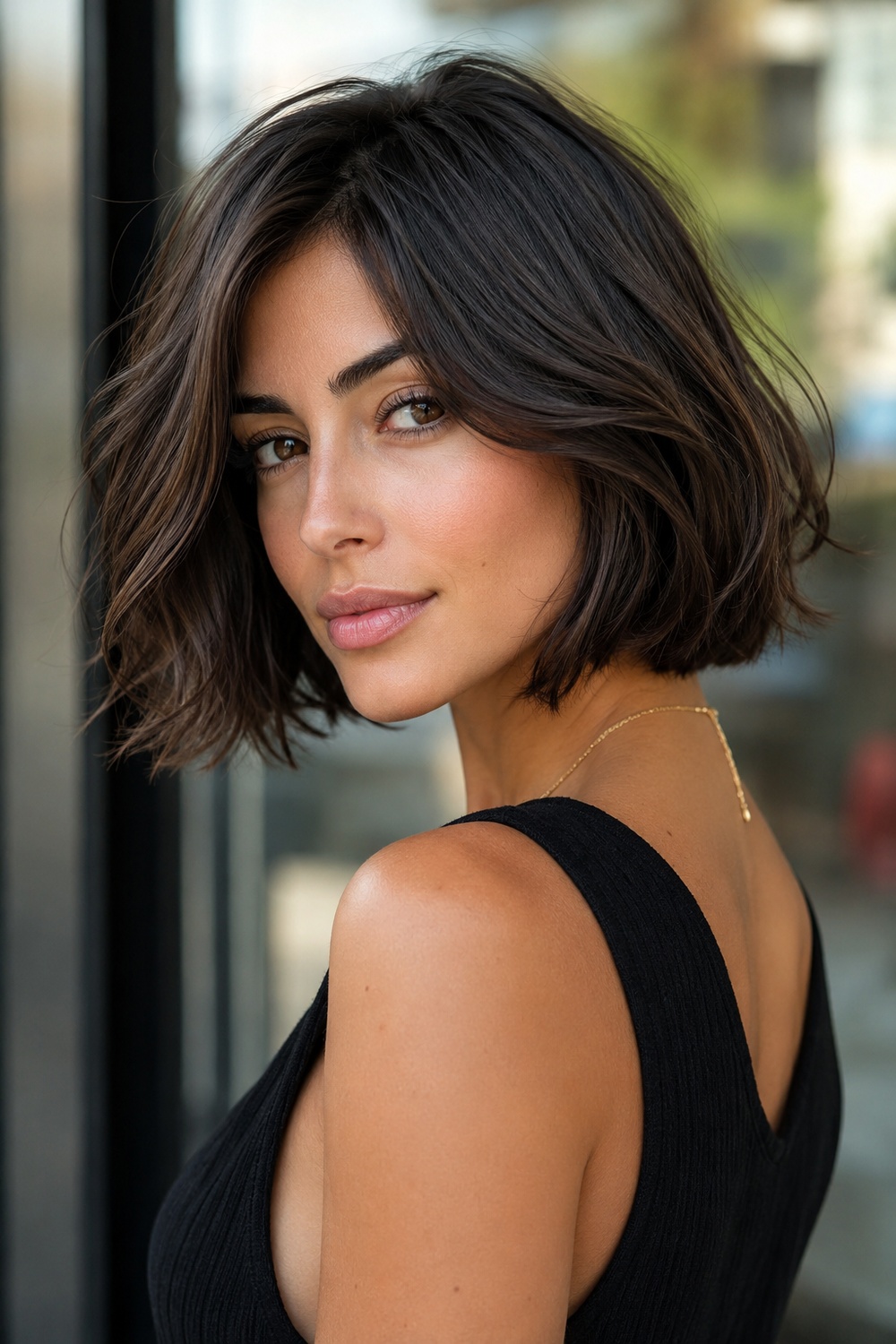 Glossy dark Italian bob with deep brunette color, shine, and a strong polished perimeter.