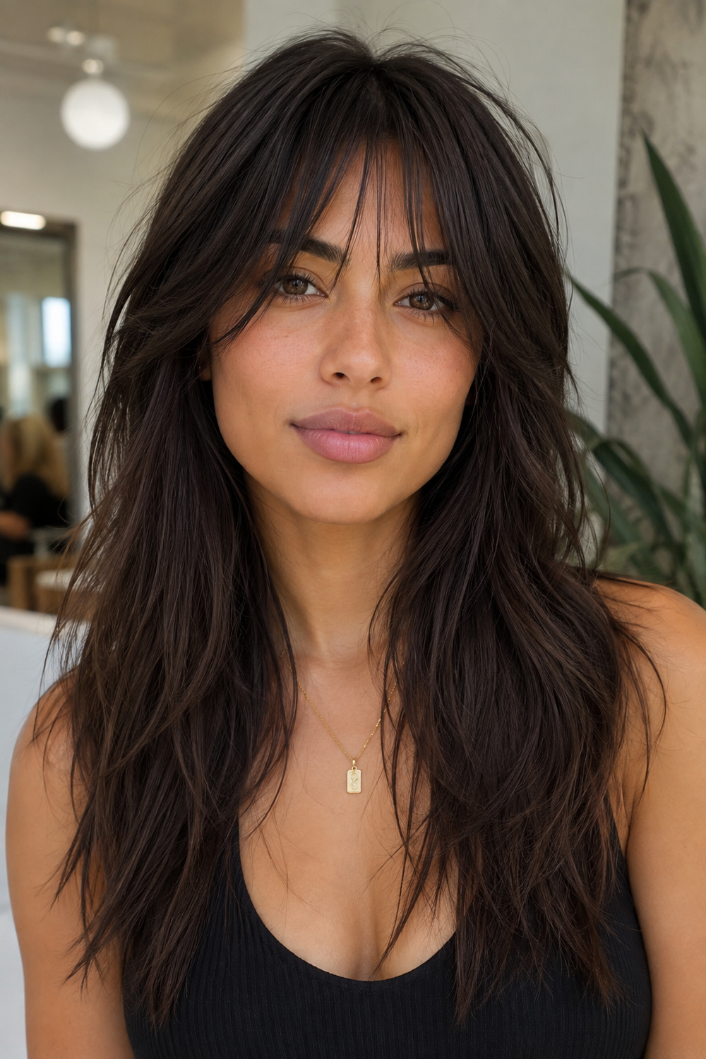 Greek-inspired woman with long shag-inspired layers and softly piecey bangs.